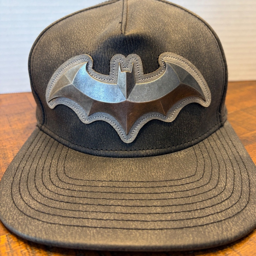 Batman DC Comics Snapback Hat Black Faux Leather 3D Metallic Logo Cap One Size